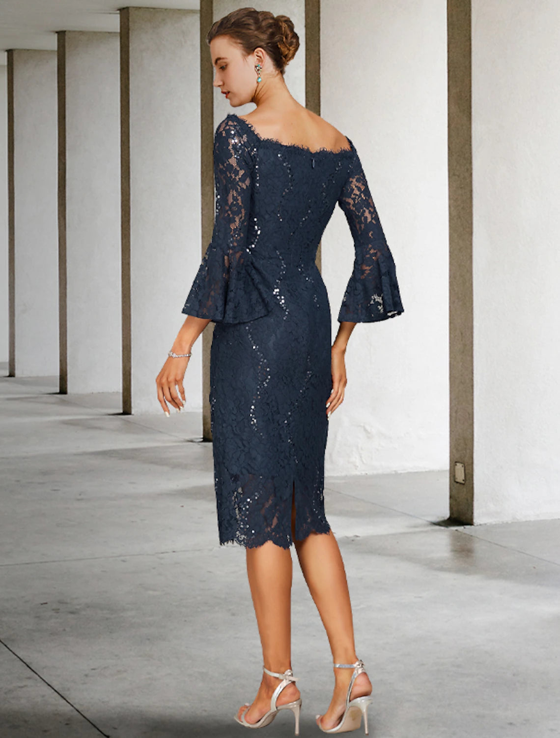 Dark Navy Off-the-Shoulder Lace Midi Dress with Bell Sleeves