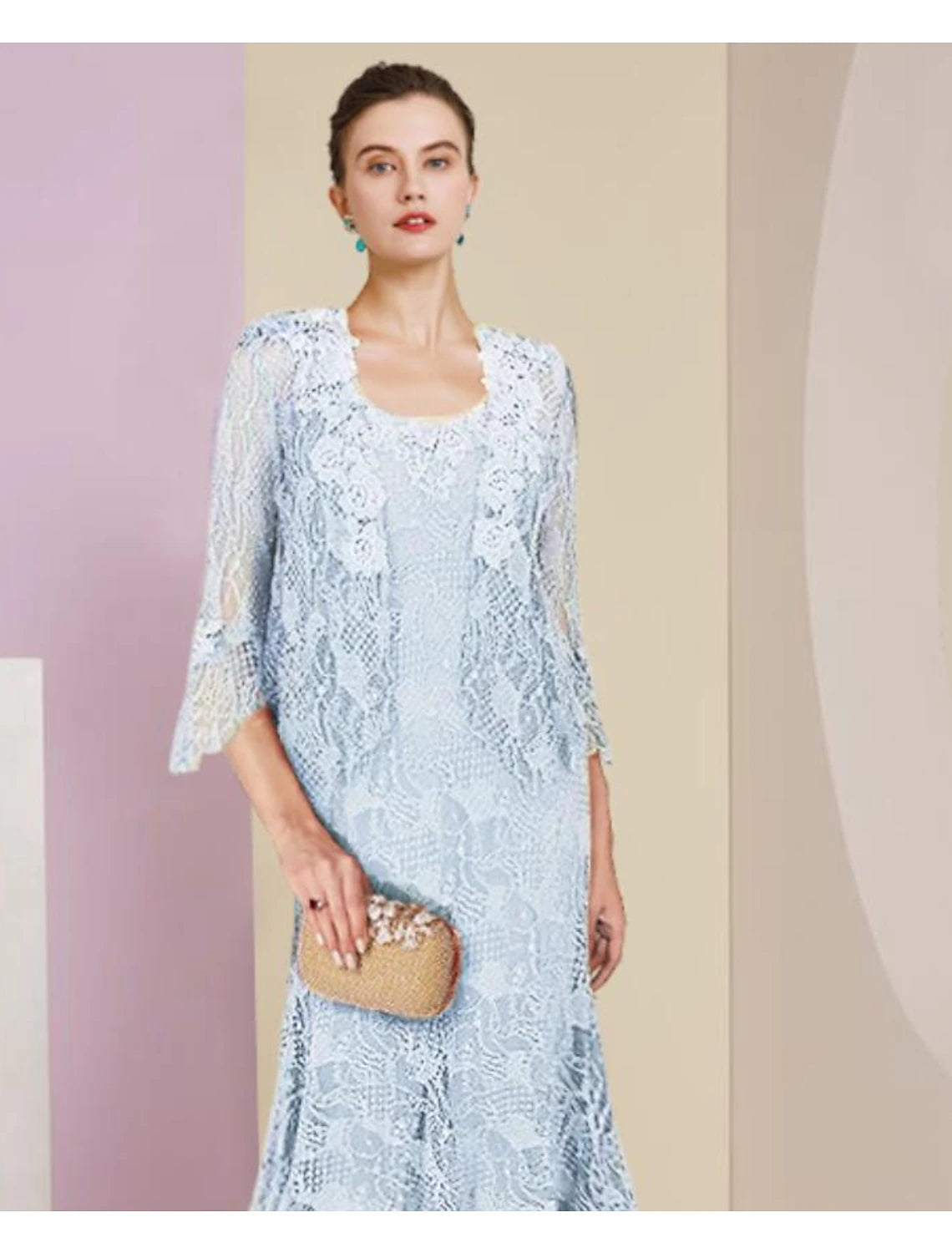 Vestido de dos piezas estilo sirena/trompeta para madre de la novia, elegante, formal, para invitada de boda, escote redondo alto bajo, asimétrico, largo hasta la rodilla, de encaje, sin mangas, cruzado incluido, color sólido