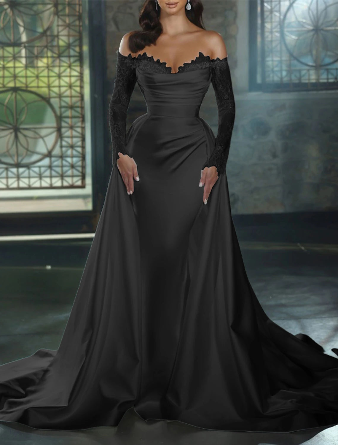 Ivory Satin Off-the-Shoulder A-Line Floor-Length Evening Dress