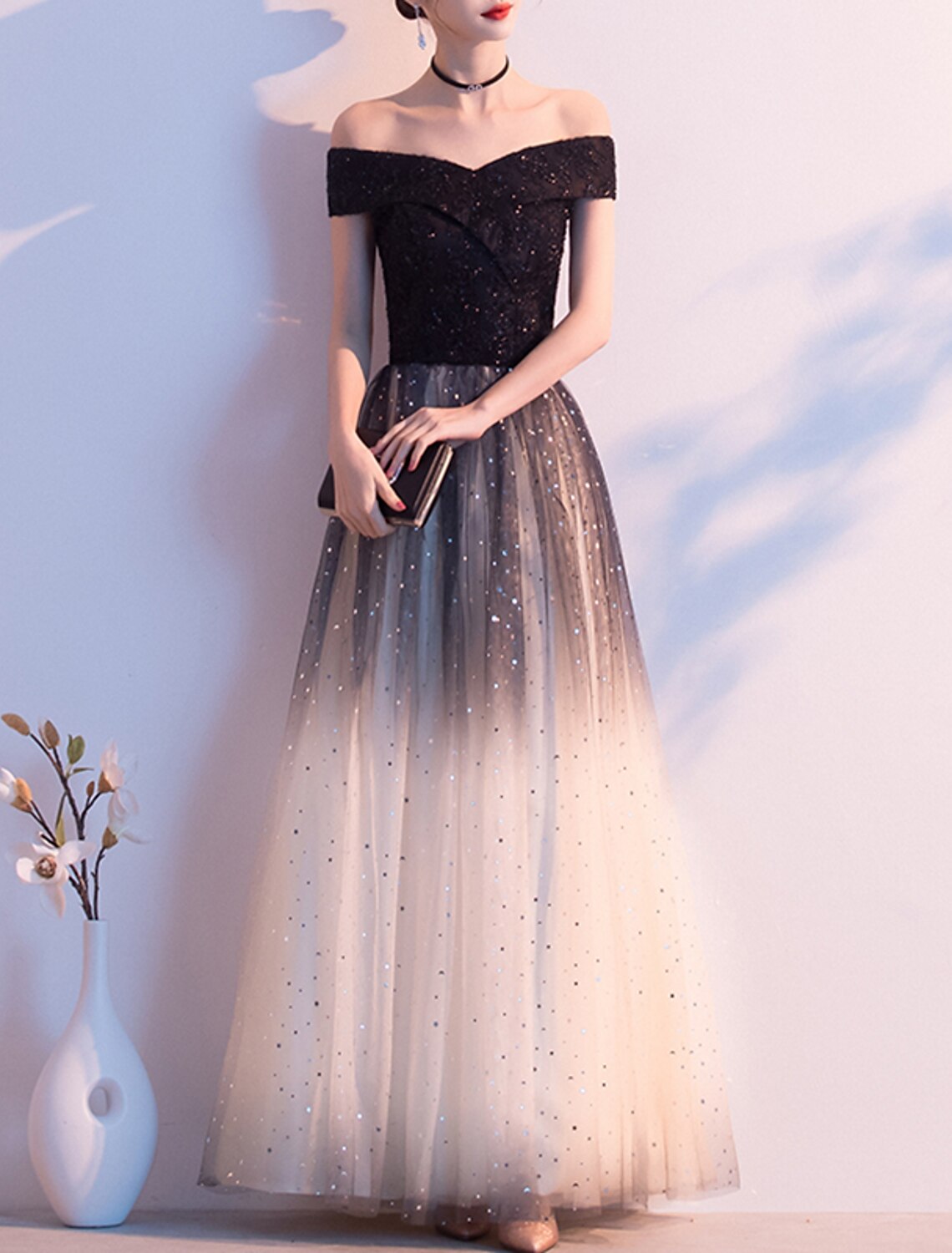 A-Line Evening Gown Glittering Dress Party Wear Formal Evening Floor Length Short Sleeve Off Shoulder Tulle with Sequin