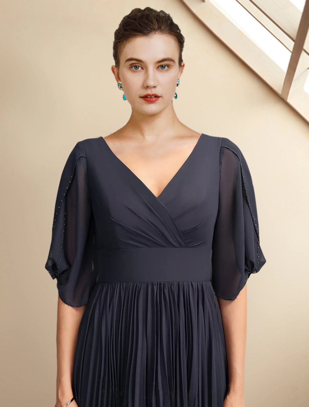 Dark Navy Chiffon V-Neck A-Line Midi Bridesmaid Dress