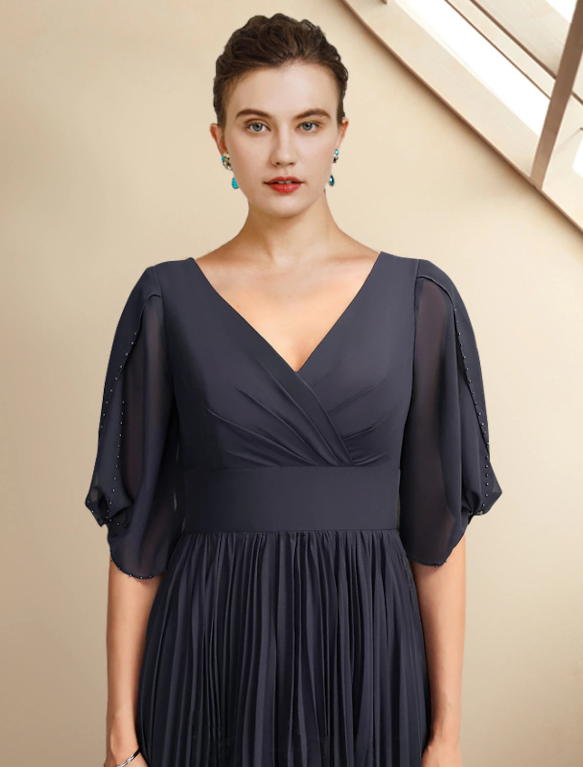 Dark Navy Chiffon V-Neck A-Line Midi Bridesmaid Dress