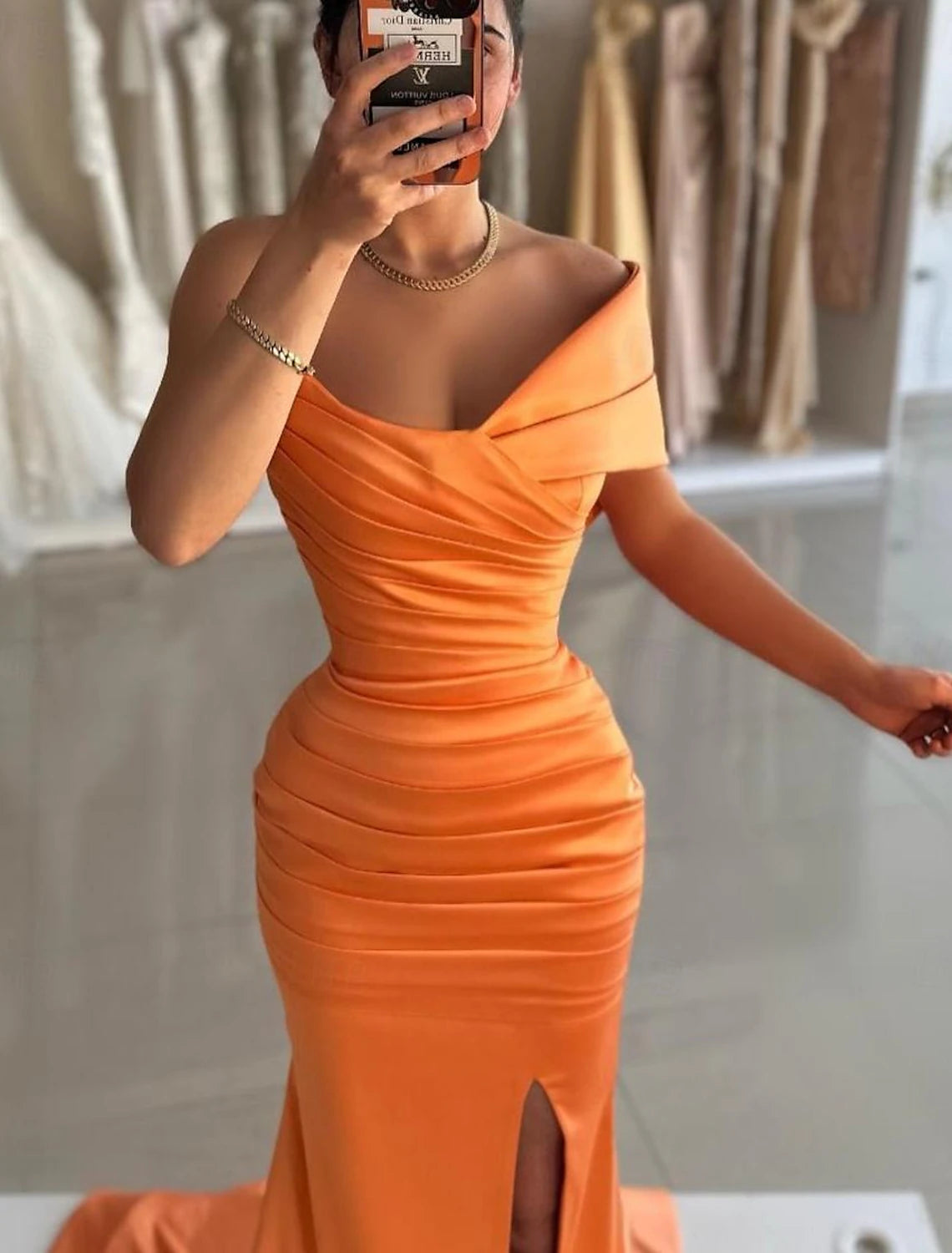 Champagne Satin Mermaid Floor-Length Evening Dress with Off-the-Shoulder Neckline & High Slit | Jimiss