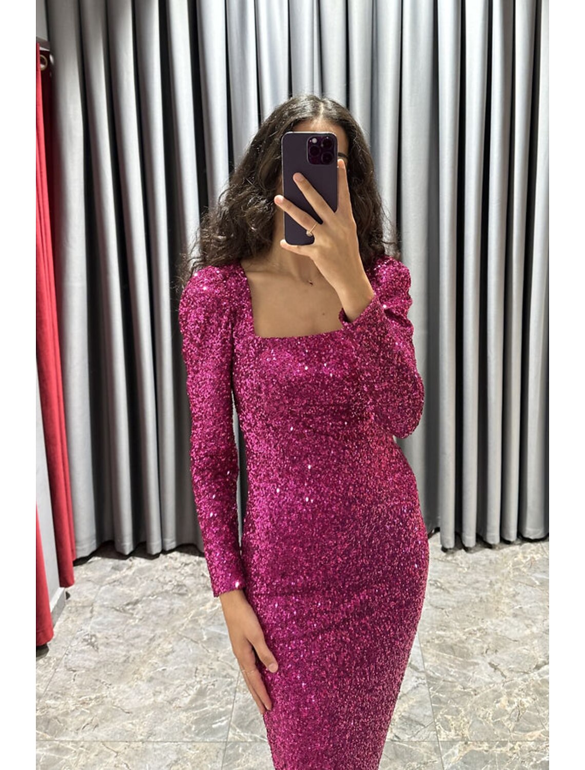 Black Sequin Midi Evening Dress with Puffed Long Sleeves