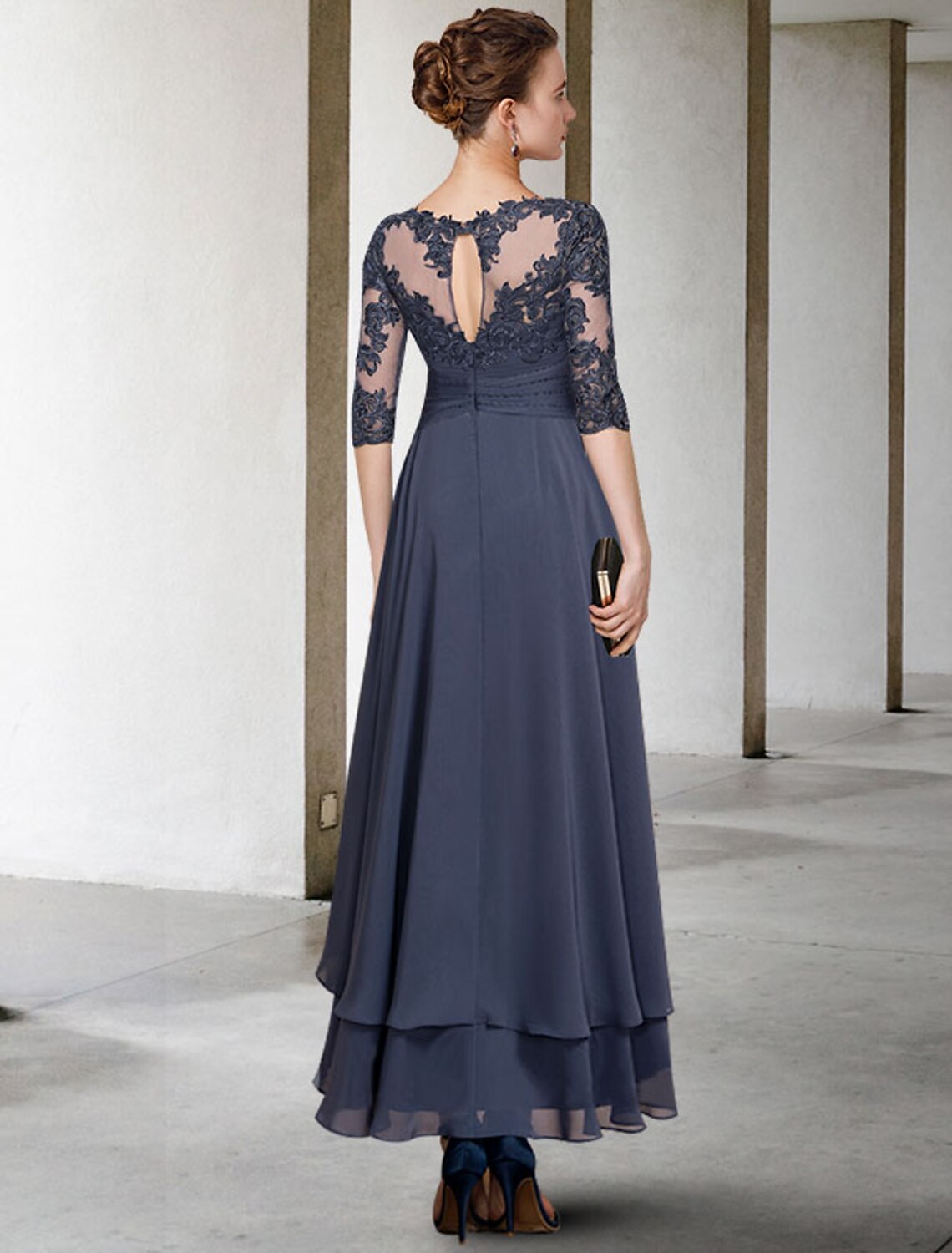 Dark Navy Chiffon A-Line High-Low Dress with Lace Bodice & Boat Neck