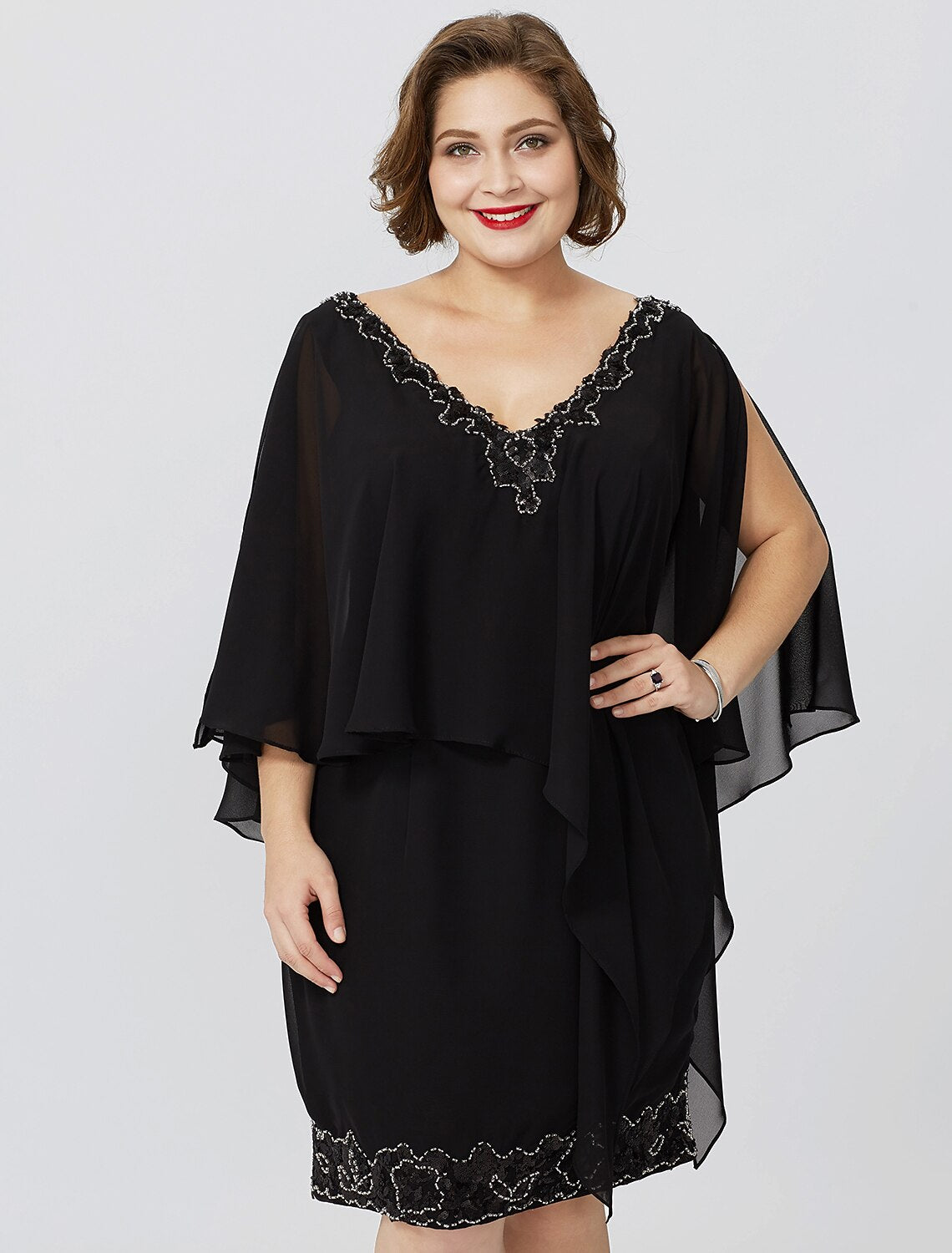 Vestido de madre de la novia con corte tubo/columna, formal, clásico y atemporal, elegante y lujoso, talla grande, escote en V, largo hasta la rodilla, gasa, sin mangas, no incluye cristales ni cuentas.