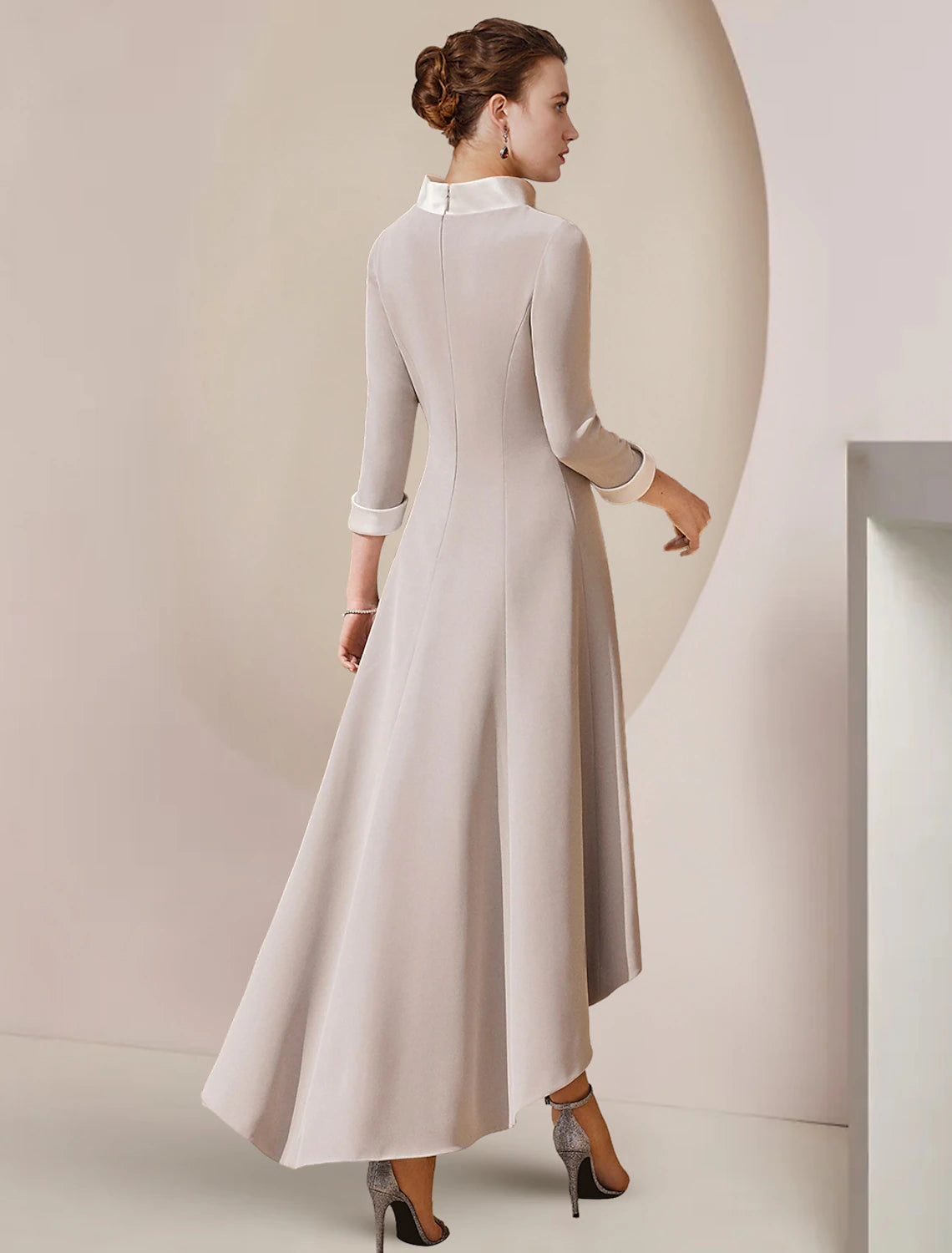 Grey Crepe A-Line Asymmetrical High Neck Dress with Bow Collar