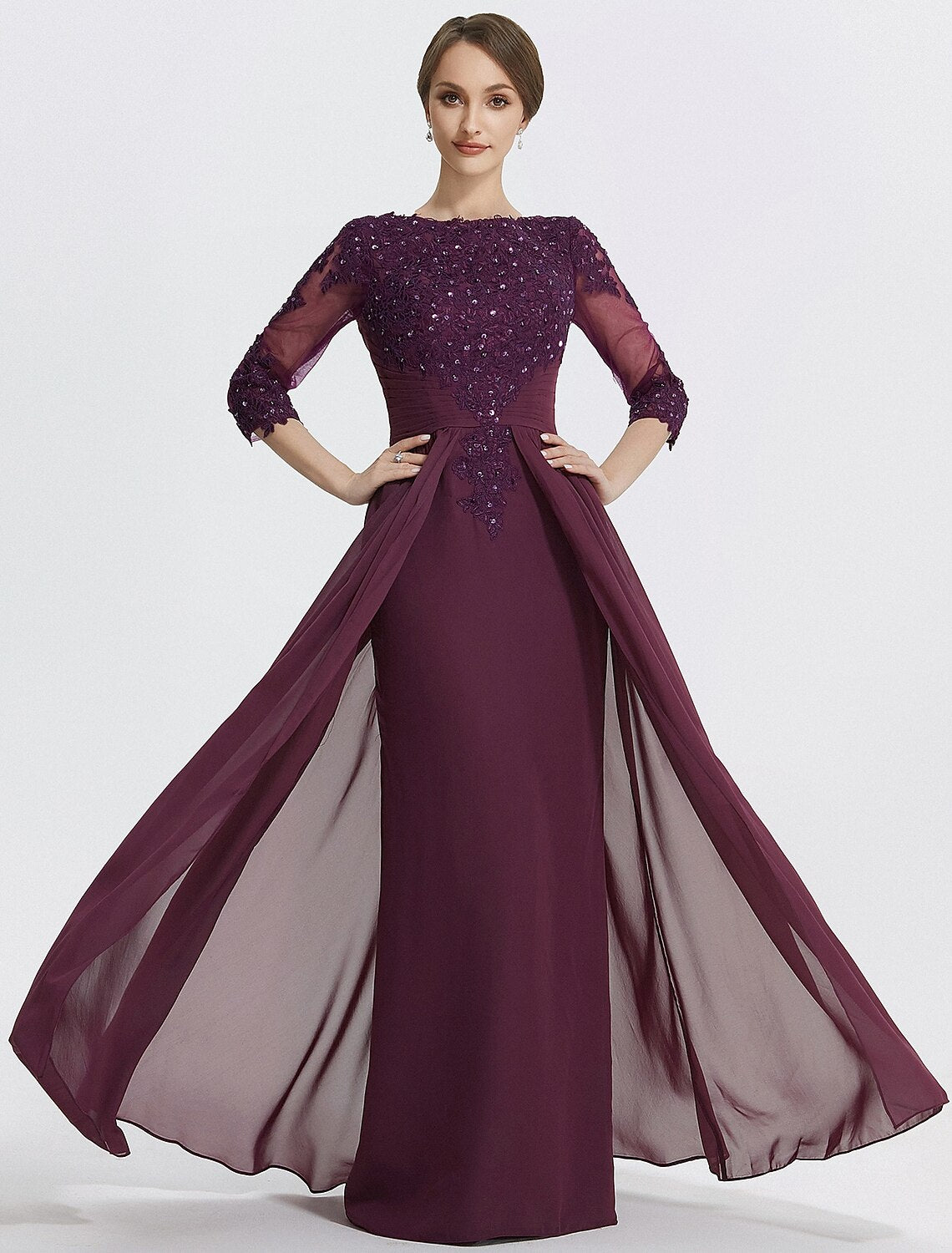 Abito da cerimonia per la madre della sposa, a trapezio, elegante, con scollo gioiello, lunghezza pavimento, in chiffon e pizzo, manica a 3/4, in pizzo tinta unita