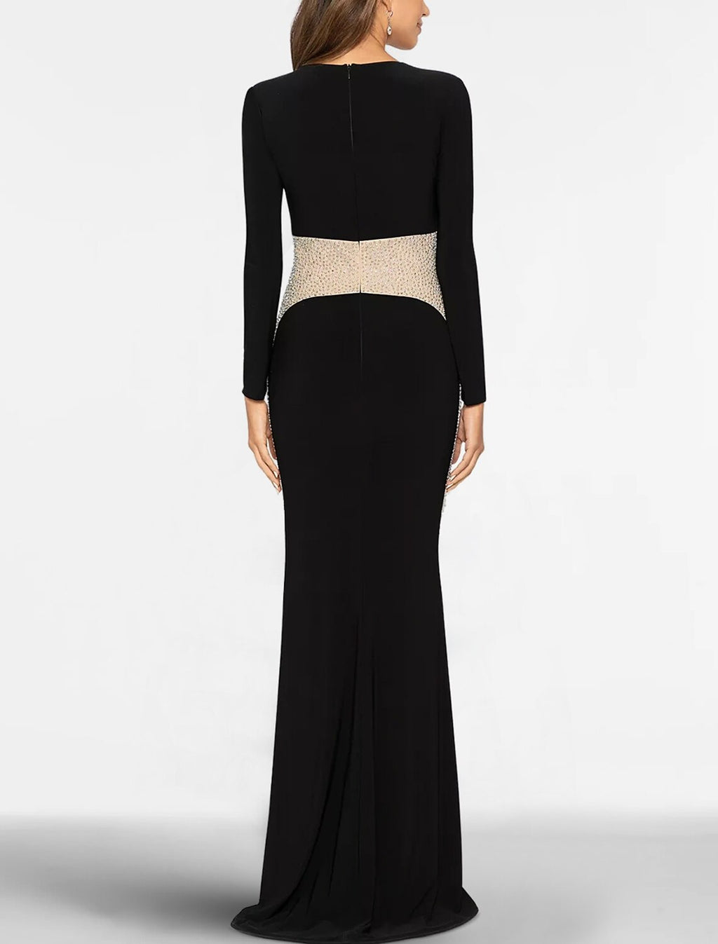 Black Stretch Knit Long Sleeve Sheath/Column Floor-Length V-Neck Evening Dress