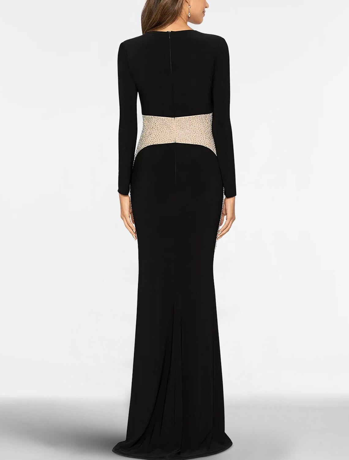 Black Stretch Knit Long Sleeve Sheath/Column Floor-Length V-Neck Evening Dress