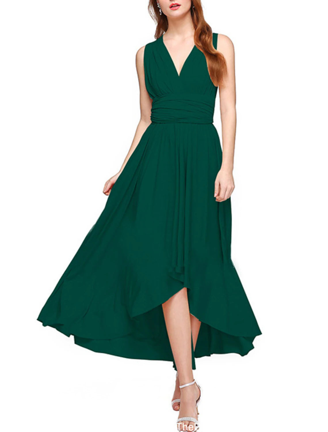 Champagne Chiffon A-Line High-Low Bridesmaid Dress with V-Neck and Ruched Bodice