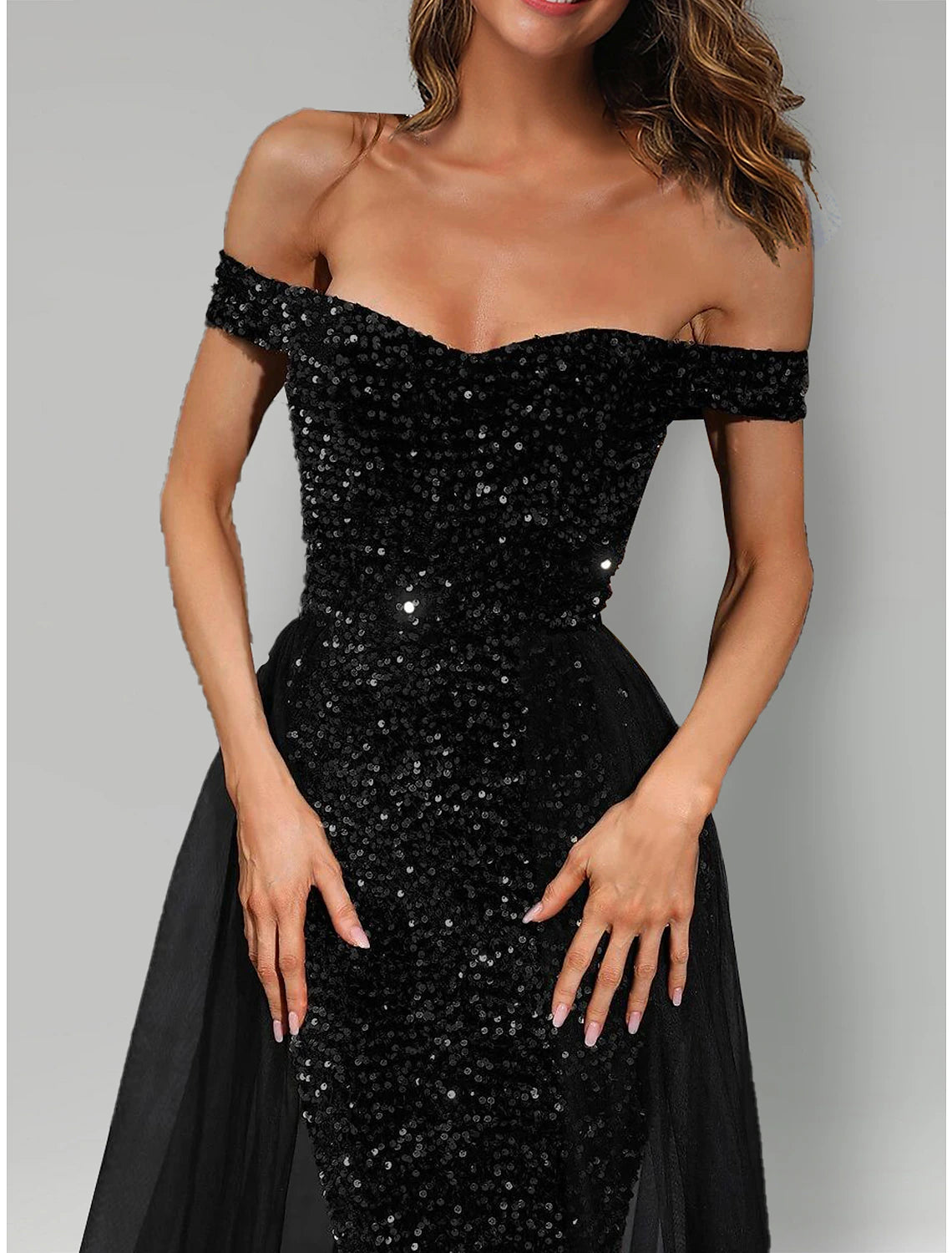 Vestido de noche de sirena/trompeta con brillo y brillo, vestido formal negro de talla grande, cola larga/cortada, sin mangas, hombros descubiertos, tul con lentejuelas