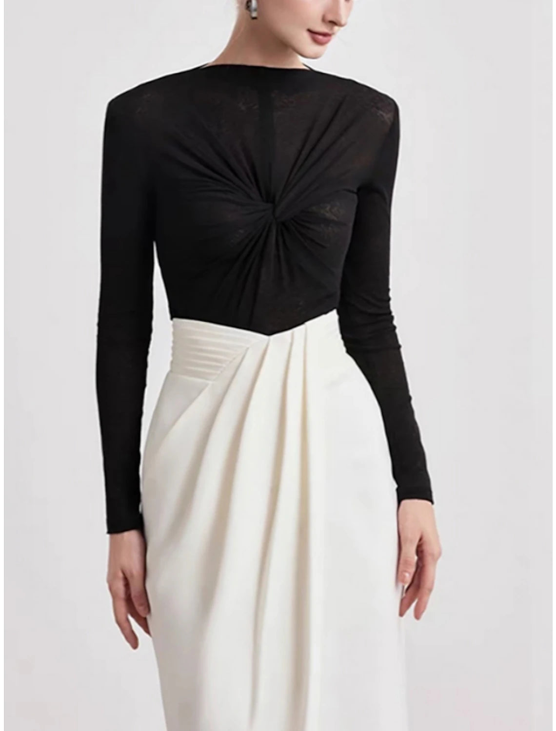 Vestido de noche elegante, corte tubo, largo hasta la rodilla, manga larga, cuello alto, abertura fruncida, 2025