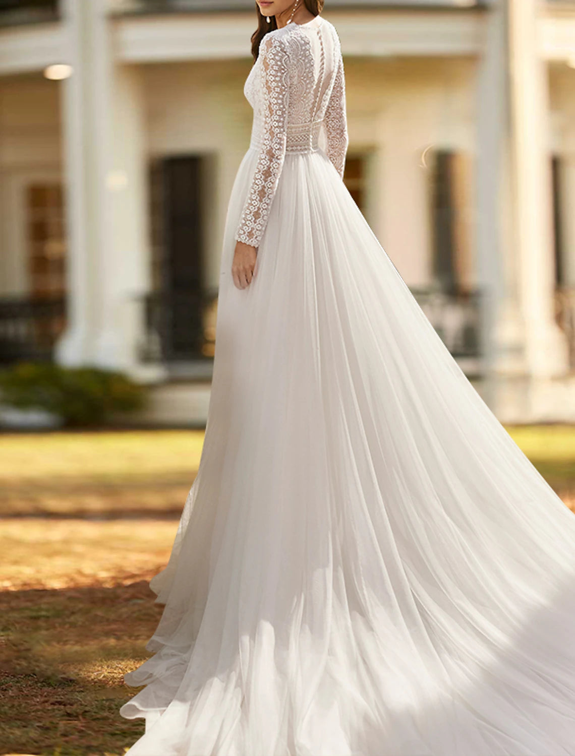 Vestidos de novia bohemios de playa, corte A, escote en V, manga larga, cola de corte, vestidos de novia de encaje con abertura frontal