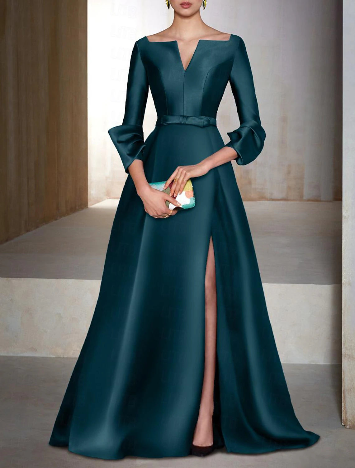 Emerald Satin V-Neck A-Line Floor-Length Evening Gown with High Slit