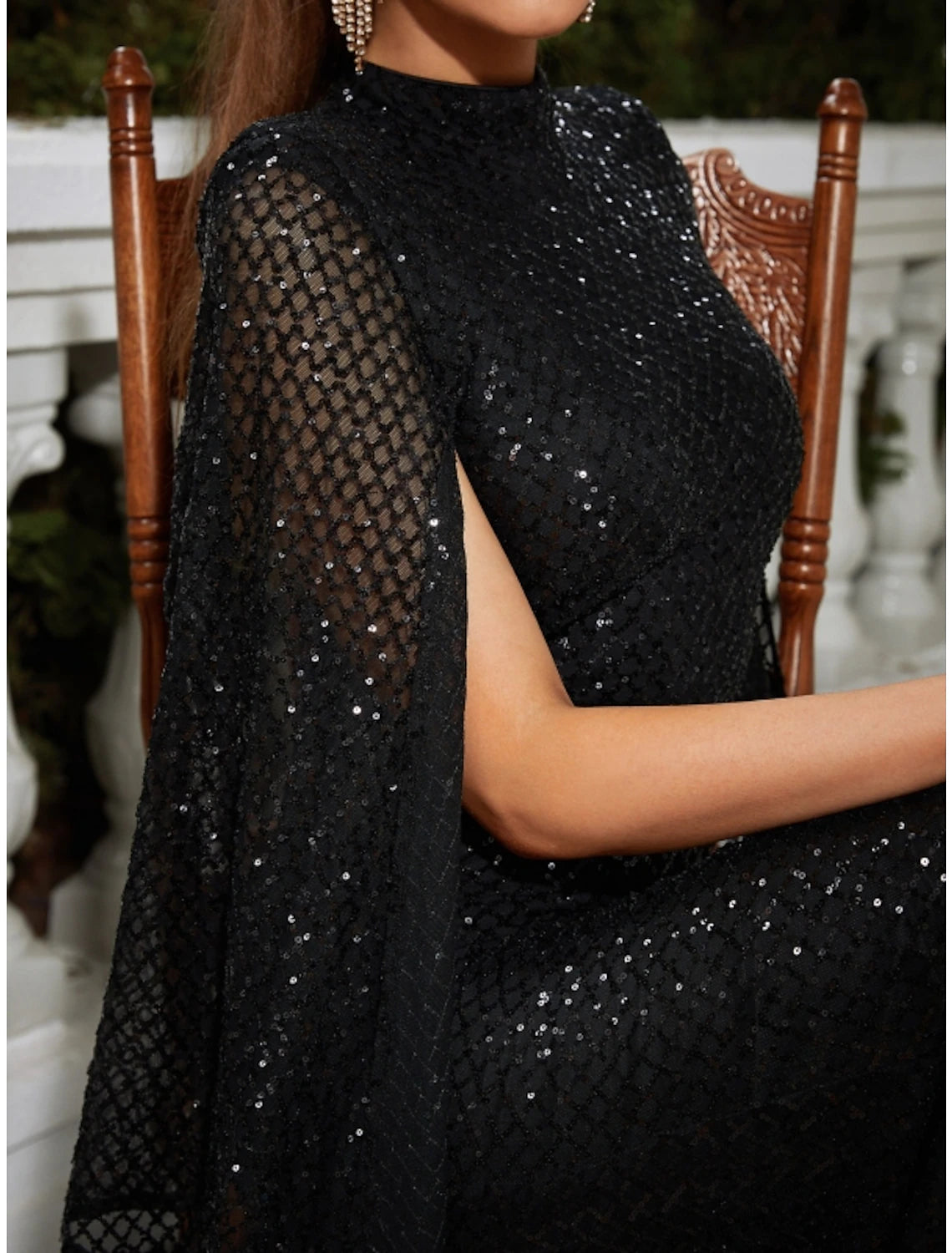 Abito da sera a sirena/tromba, scintillante e brillante, per invitati a nozze formali, lungo fino al pavimento, senza maniche, collo alto, paillettes con pieghe glitterate