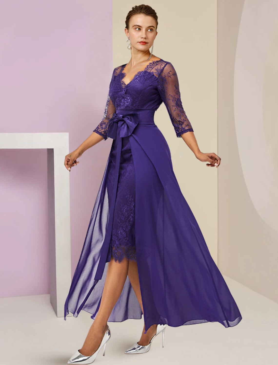 Purple Lace & Chiffon A-Line Floor-Length Bridesmaid Dress with V-Neck
