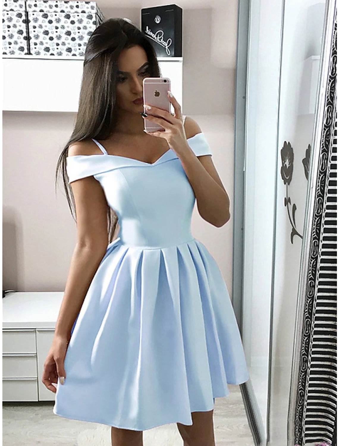 Pink Satin A-Line Off-the-Shoulder Short Dress with Pleated Skirt