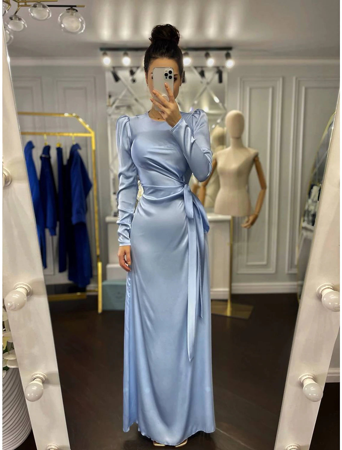 Olive Green Satin Sheath/column Floor-Length Dress with Scoop Neck and Draped Bodice