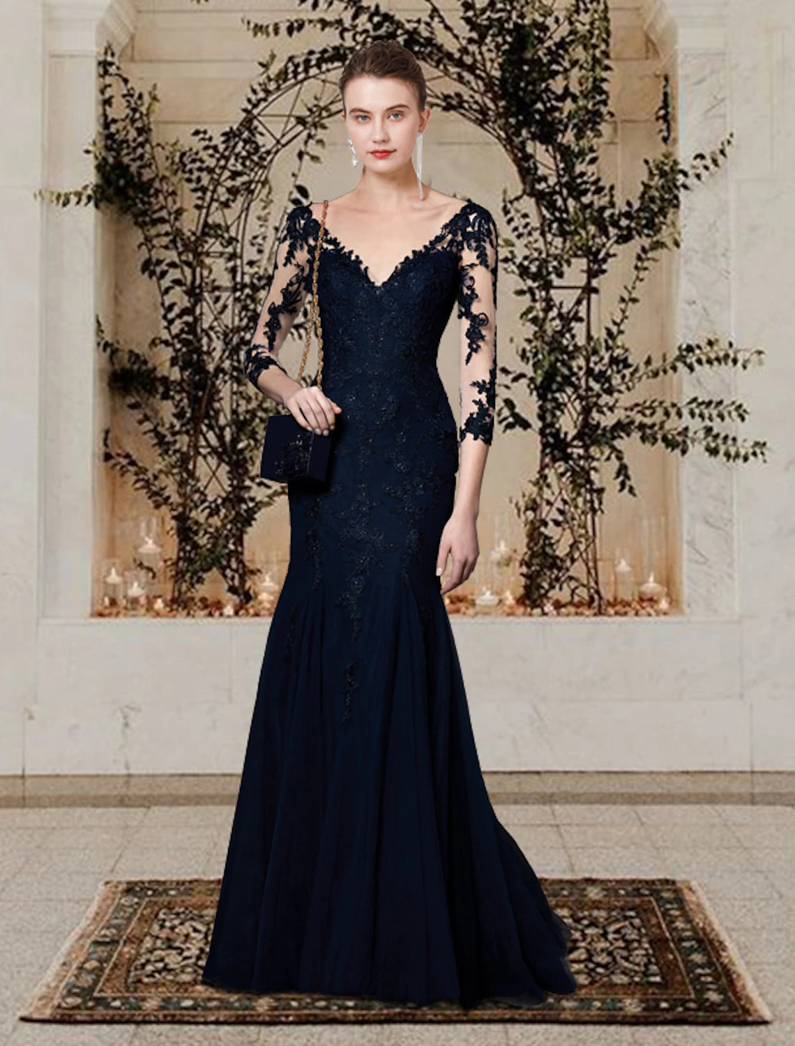 Dark Navy Mermaid V-Neck Lace Floor-Length Evening Dress with Illusion Sleeves