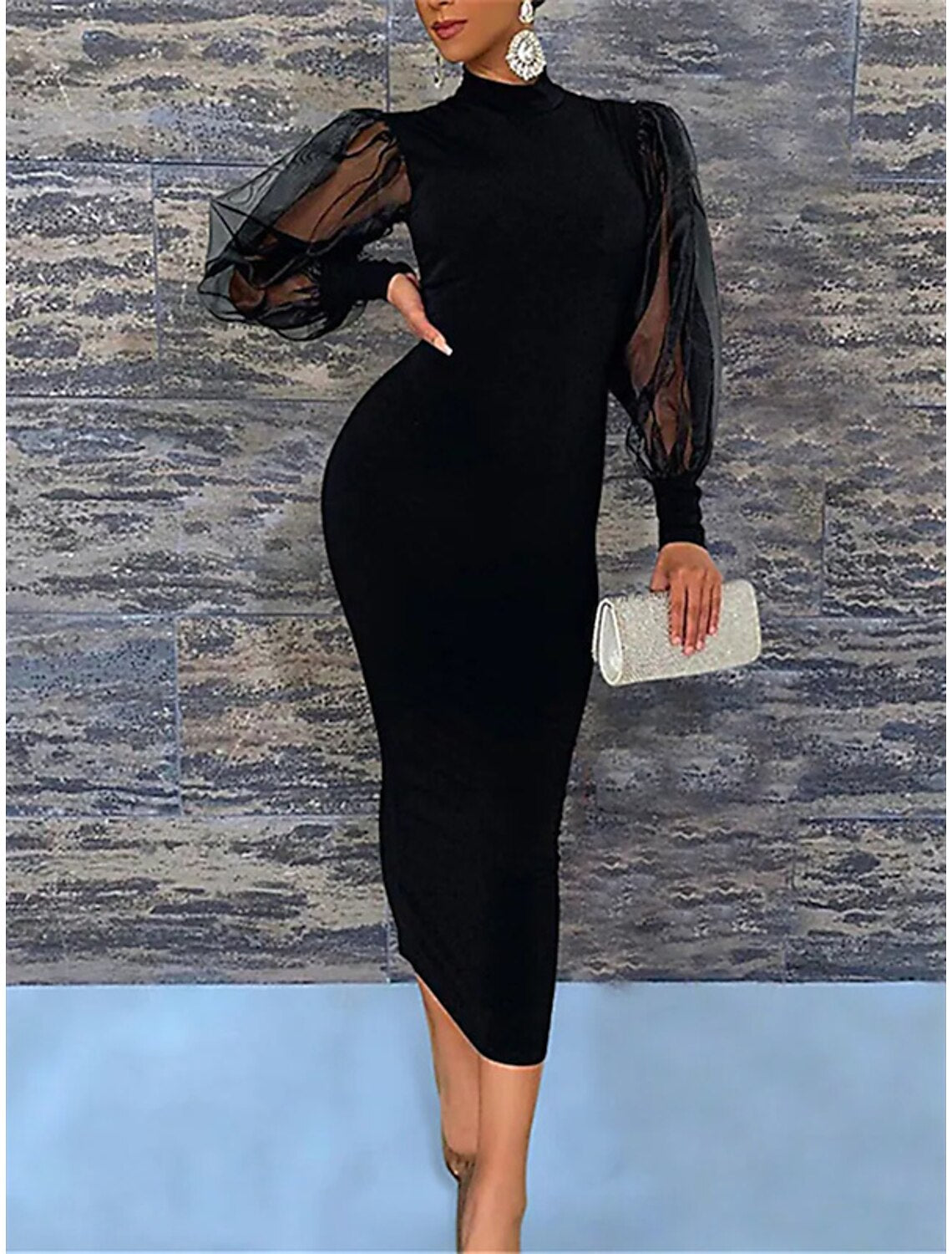 Sheath / Column Wedding Guest Dresses Elegant Dress Party Wear Semi Formal Tea Length Long Sleeve High Neck  Chiffon with Pure Color