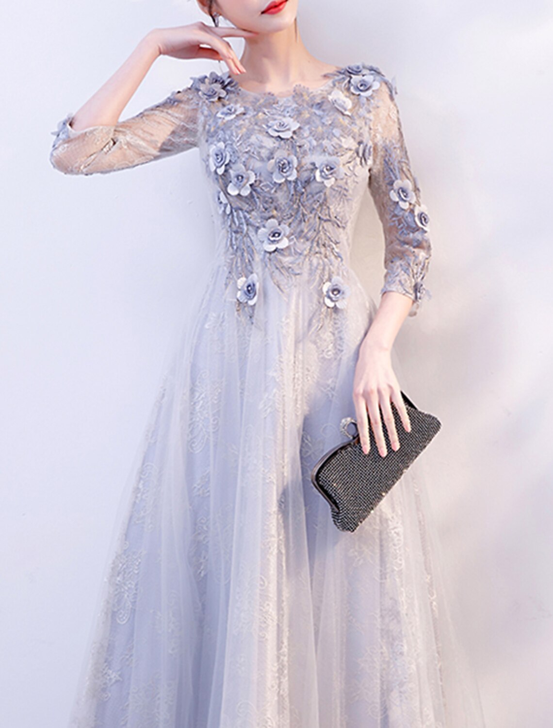 Abito da sera a trapezio, elegante, da invitato a nozze, da sera formale, lungo fino al pavimento, con maniche a 3/4, scollo gioiello, in tulle con applicazioni