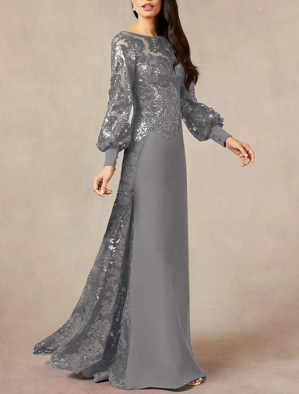 Vestido de madre de la novia de corte A, formal, para invitada de boda, elegante, cuello joya, largo hasta el suelo, gasa con lentejuelas, manga larga con lentejuelas