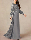 Vestido de madre de la novia de corte A, formal, para invitada de boda, elegante, cuello joya, largo hasta el suelo, gasa con lentejuelas, manga larga con lentejuelas