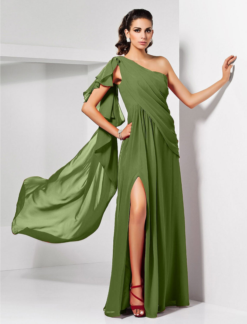 Red Chiffon A-Line Floor-Length Dress with One Shoulder & High Slit
