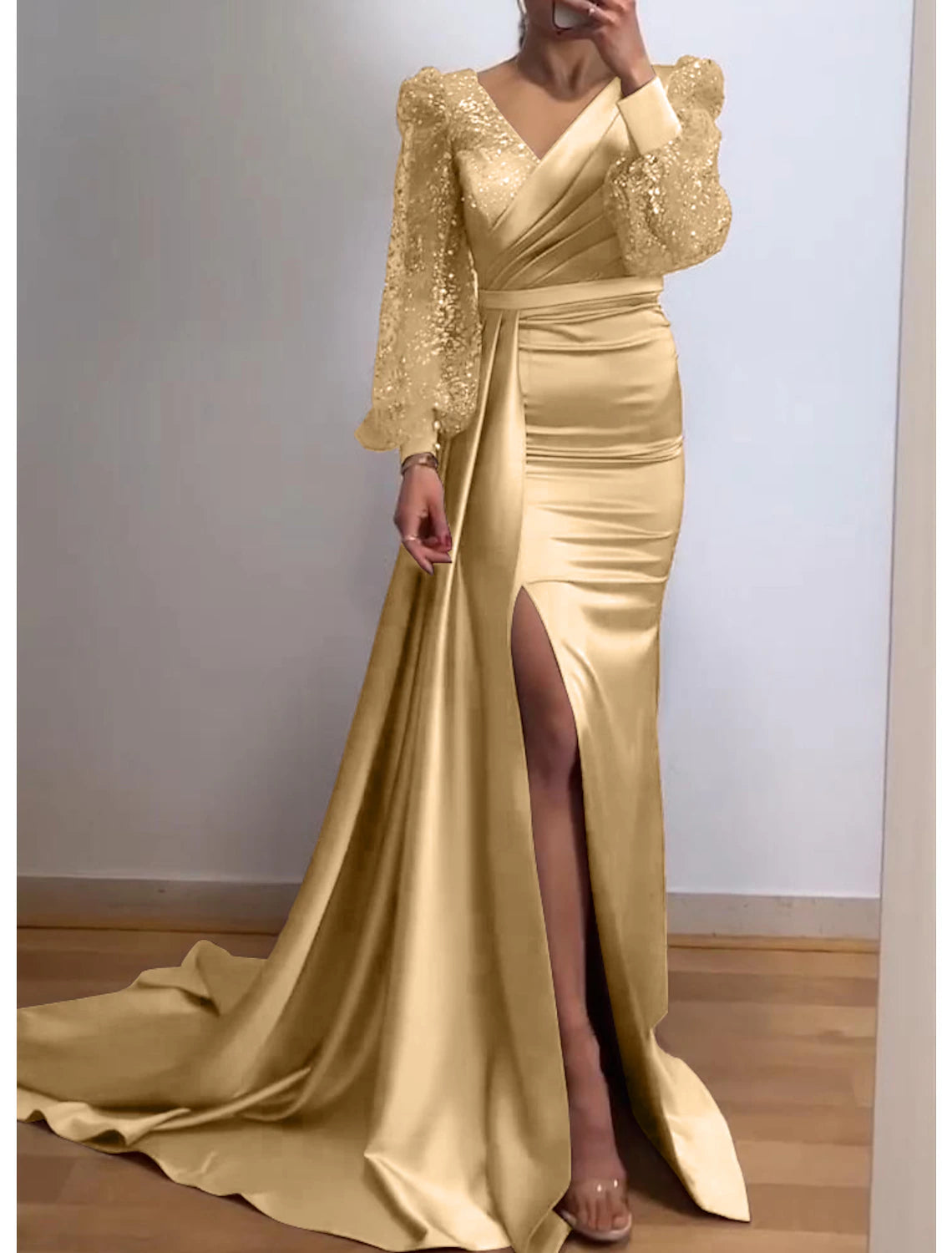 Mermaid / Trumpet Evening Gown Sparkle & Shine Dress Formal Court Train Long Sleeve V Neck Fall Wedding Guest Charmeuse with Sequin Slit 2025