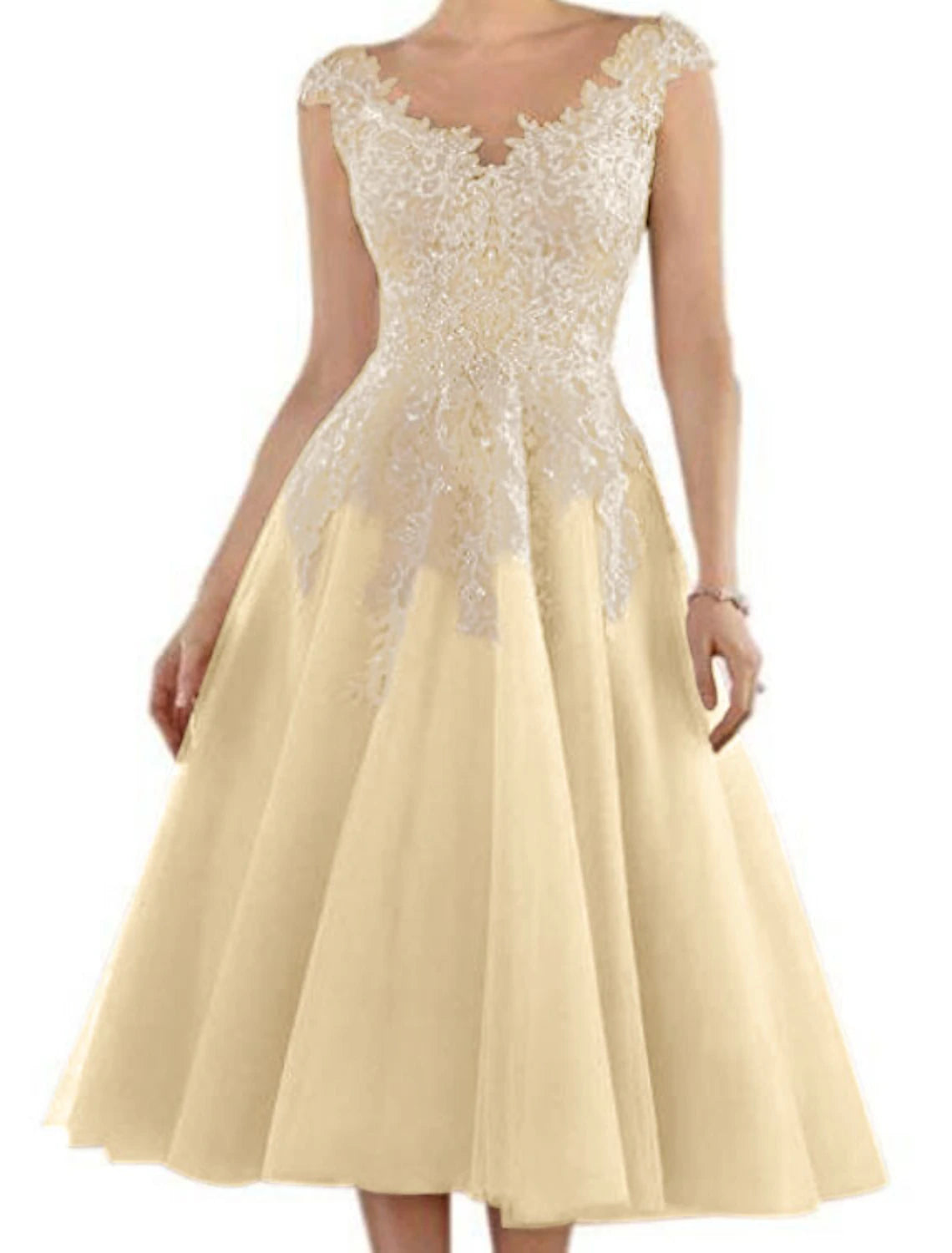 Abito da cerimonia per la madre della sposa, a trapezio, elegante, con scollo a V, lunghezza tè, in pizzo, tulle, senza maniche, con applicazioni a pieghe