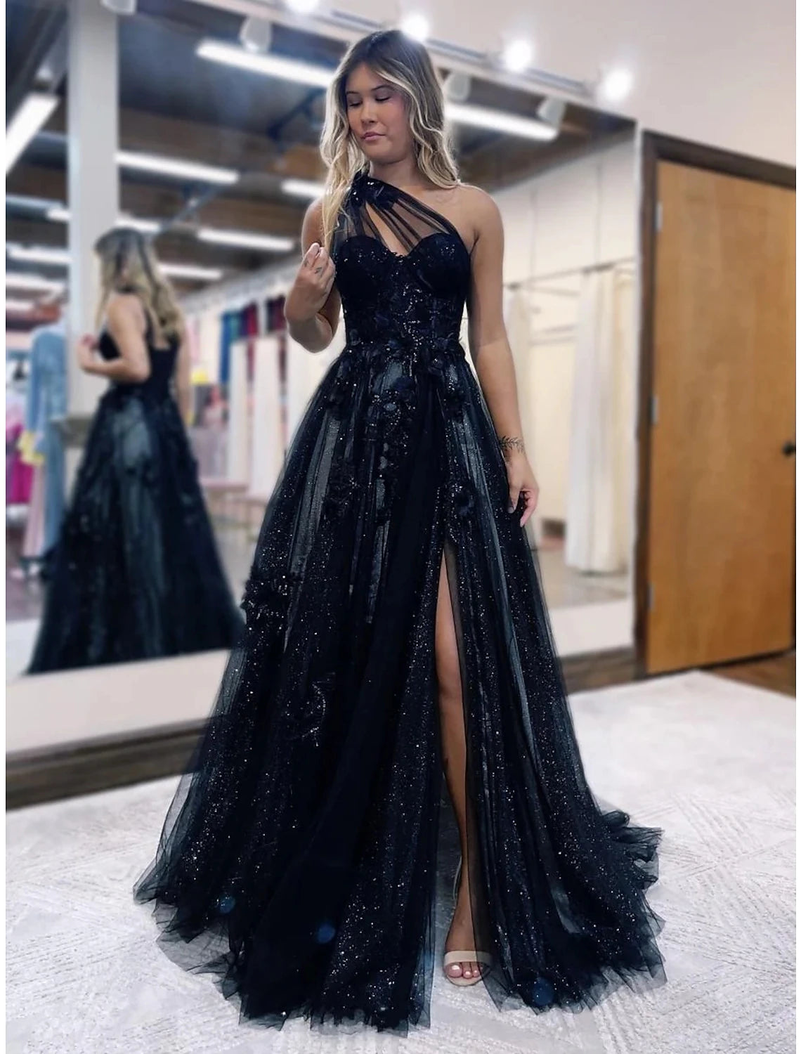 Black Glitter Tulle A-Line One Shoulder Floor-Length Dress with High Slit and Floral Appliques