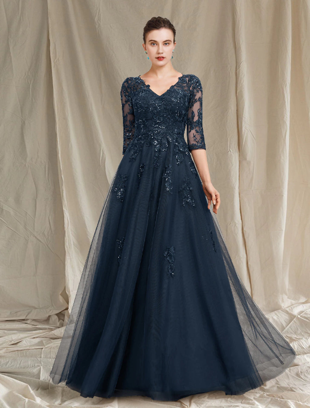 Vestido de madre de la novia de corte A, lujoso y elegante, con escote en V, largo hasta el suelo, de gasa, encaje, tul, media manga con apliques de lentejuelas
