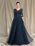 Vestido de madre de la novia de corte A, lujoso y elegante, con escote en V, largo hasta el suelo, de gasa, encaje, tul, media manga con apliques de lentejuelas