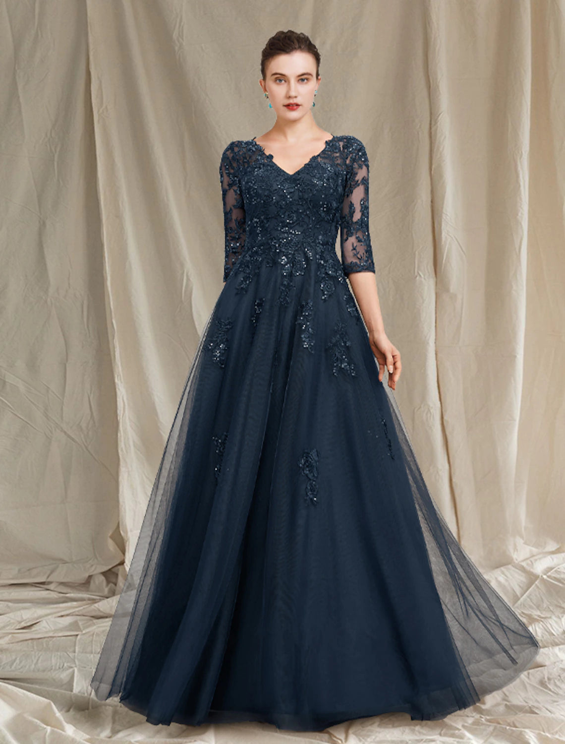 Vestido de madre de la novia de corte A, lujoso y elegante, con escote en V, largo hasta el suelo, de gasa, encaje, tul, media manga con apliques de lentejuelas