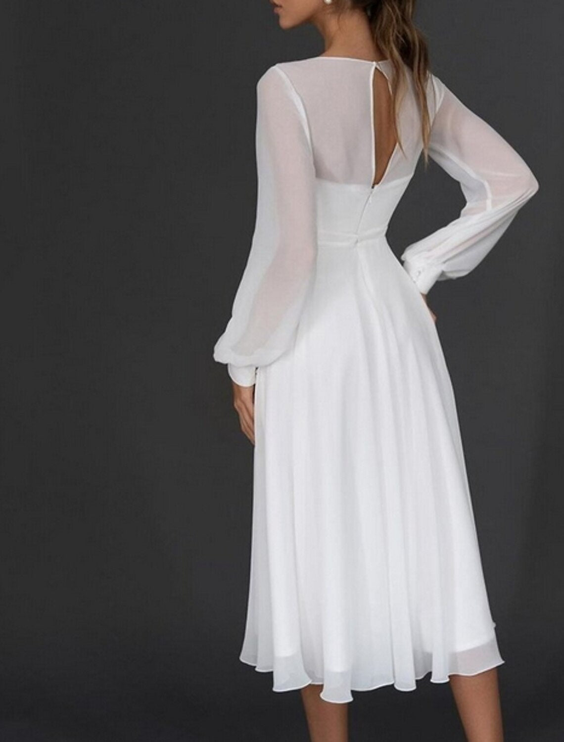White Chiffon V-Neck A-Line Midi Bridesmaid & Wedding Guest Dress