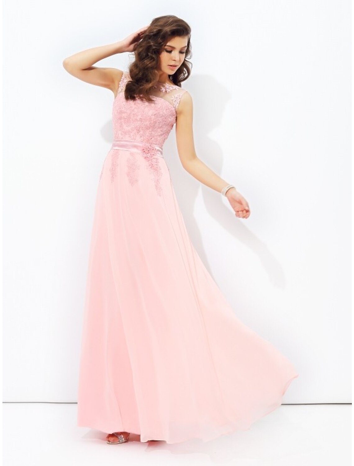 Blushing Pink Chiffon A-Line Floor-Length Bridesmaid Dress with Illusion Neck and Back Zip