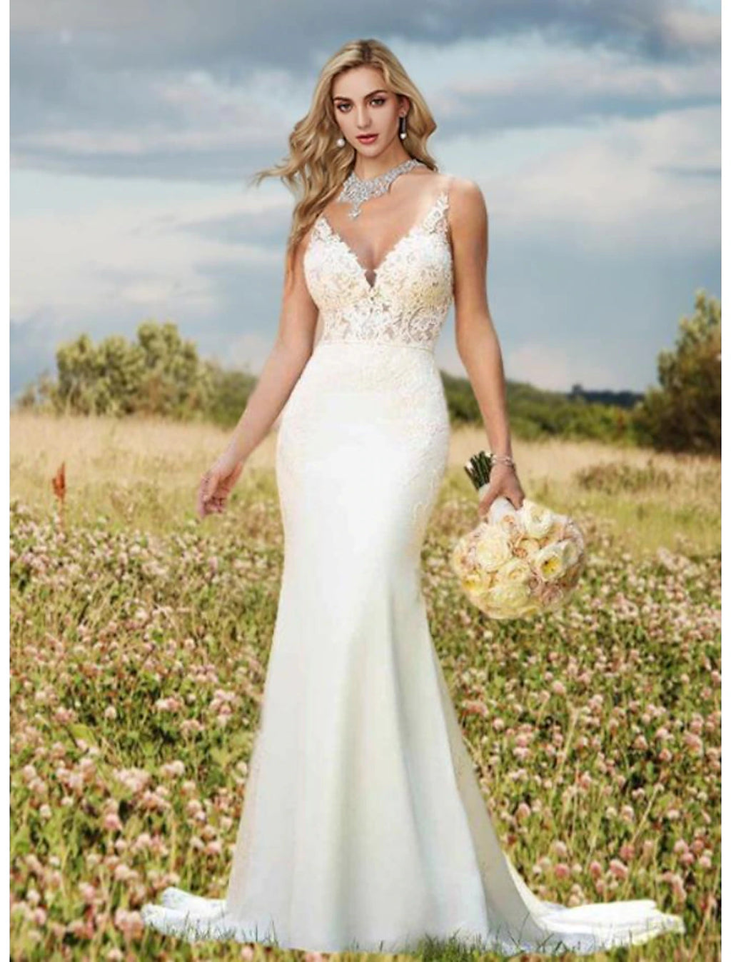 Vestidos de novia formales de corte sirena/trompeta con escote en V, sin mangas, con espalda descubierta y encaje, con apliques, para verano, bodas y fiestas.