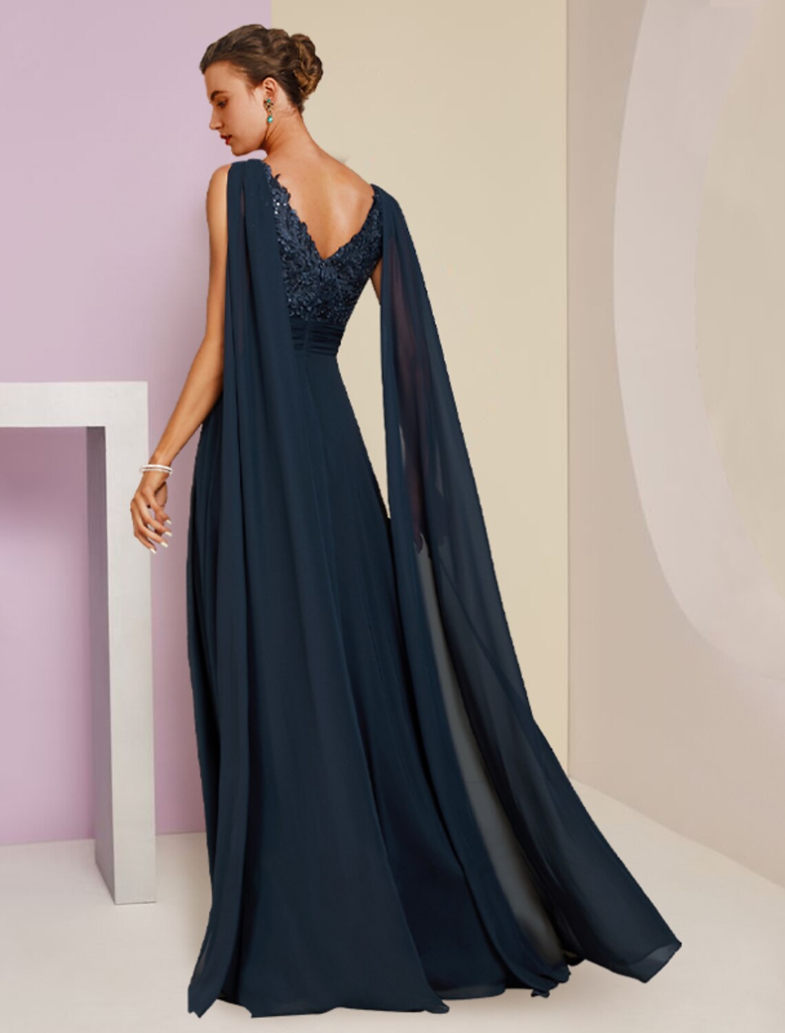 Dark Navy Chiffon A-Line Floor-Length Evening Dress with Sequined V-Neck