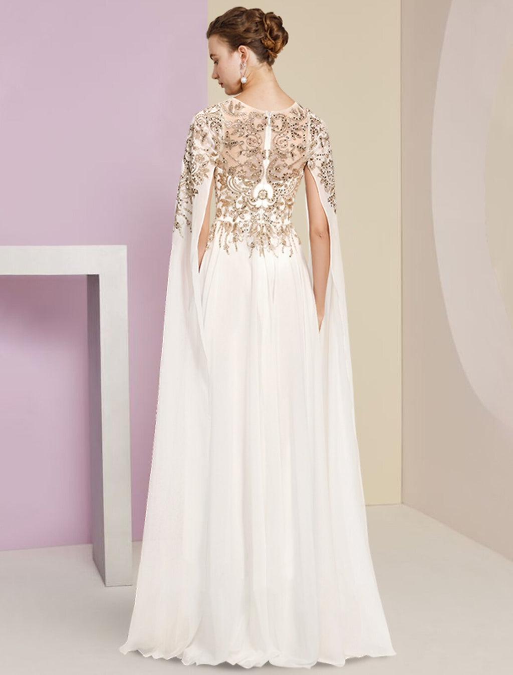 Ivory Chiffon A-Line Floor-Length Dress with Illusion Neck and Embroidered Bodice + Flowy Cape for Black-Tie & Wedding Guest