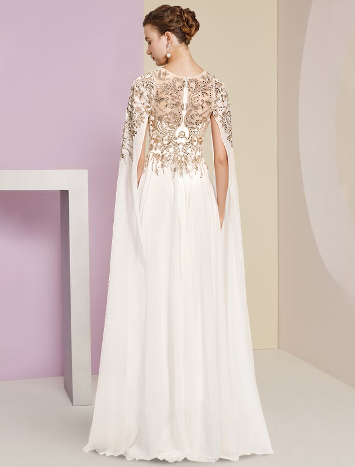 Ivory Chiffon A-Line Floor-Length Dress with Illusion Neck and Embroidered Bodice + Flowy Cape for Black-Tie & Wedding Guest