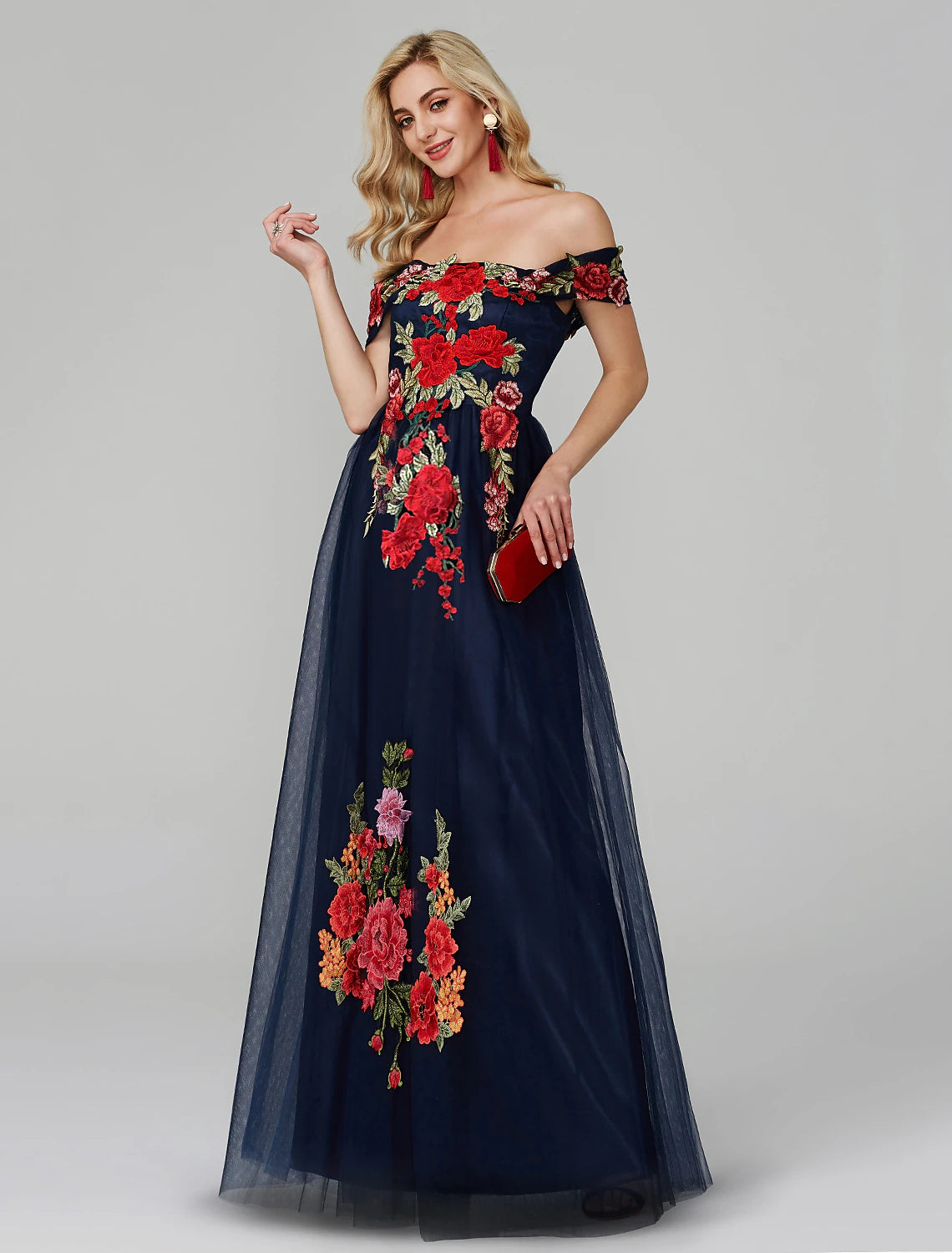 Vestidos de fiesta de corte A, vestido floral, para invitada de boda, para graduación, largo hasta el suelo, sin mangas, hombros descubiertos, encaje sobre tul con apliques bordados