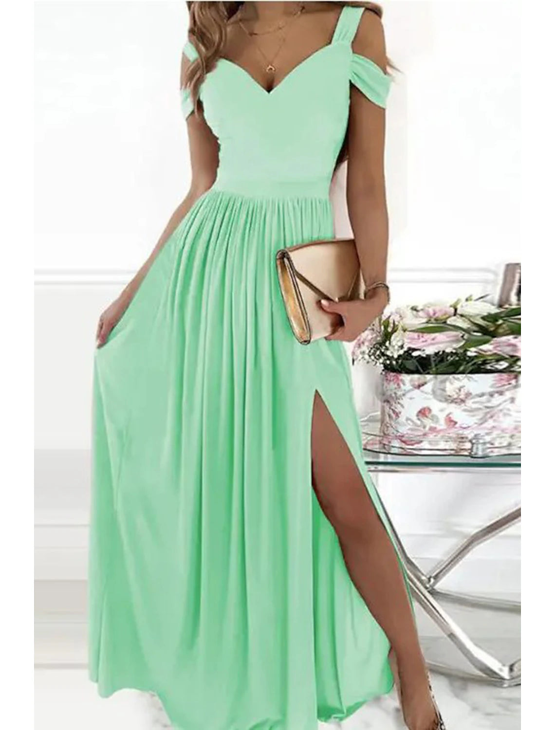 Women‘s Cold Shoulder V Neck Long Short Sleeve Pure Color Romantic Party Homecoming Dress