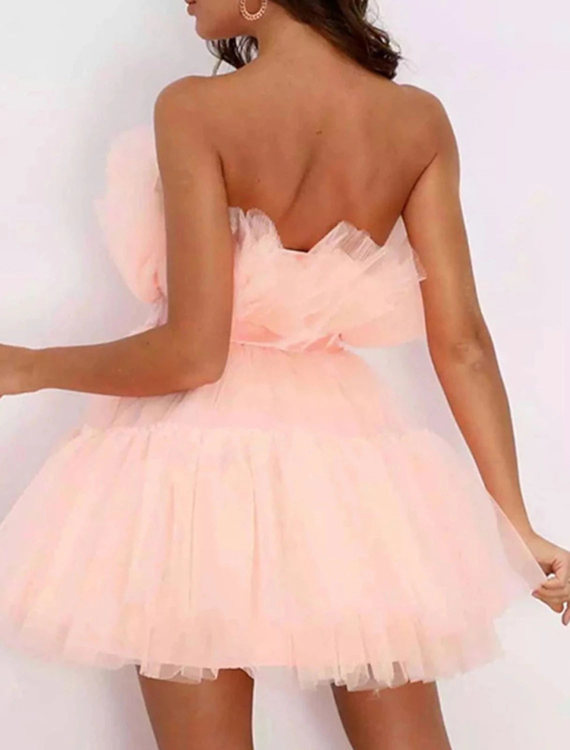 Women‘s Party Pink Sleeveless Pure Color Backless Layered Mesh Strapless Homecoming Dress