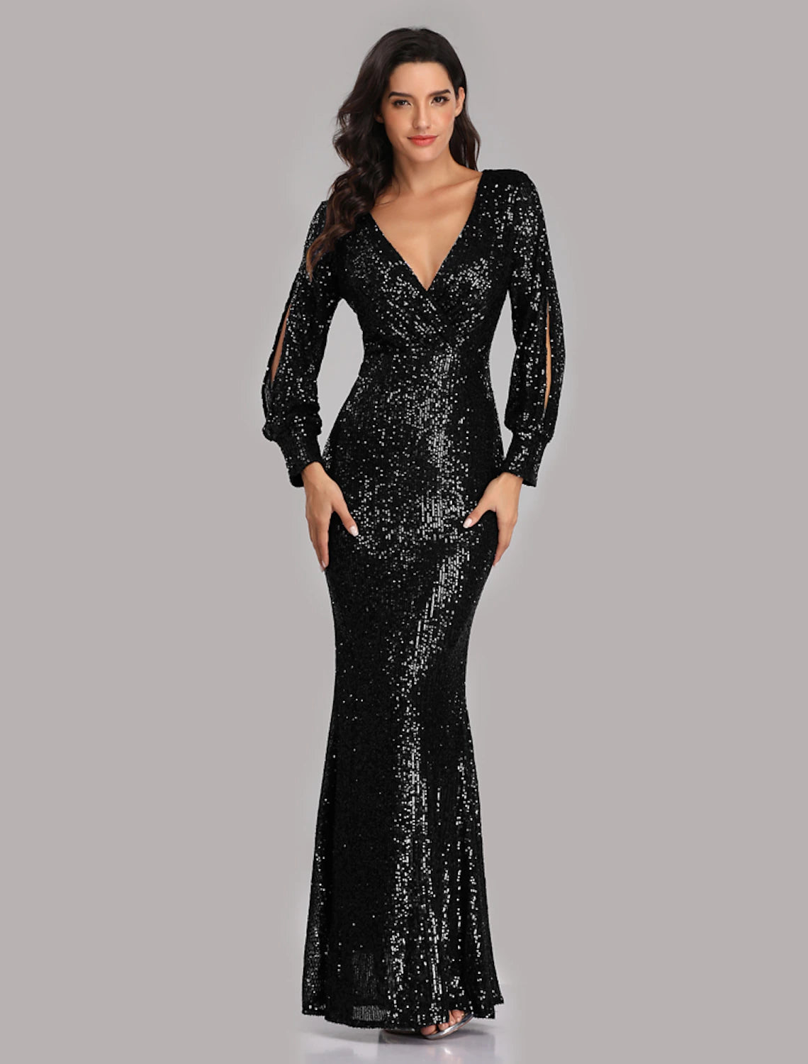 Vestido de noche de sirena/trompeta, brillante, para fiesta, para invitada de boda, largo hasta el suelo, manga larga, cuello en V, con lentejuelas
