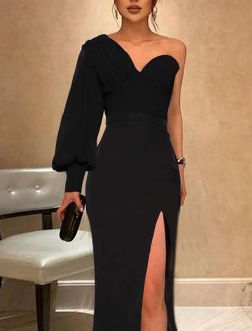Black Crepe One Shoulder Sheath Floor-Length Gown with High Slit