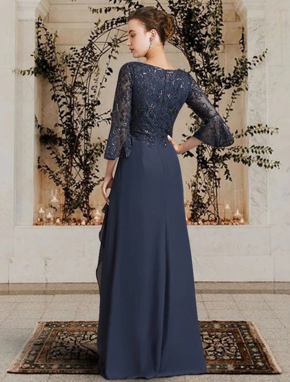 Dark Navy Chiffon A-Line Floor-Length Evening Dress with Embroidered Bodice