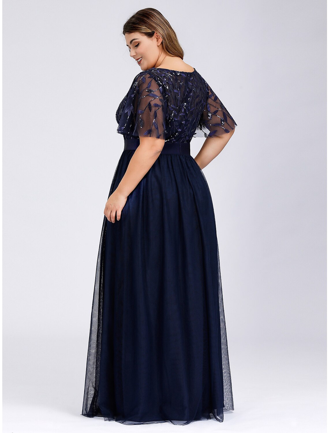 Vestidos de fiesta de corte A, estilo imperio, para invitadas de boda, para graduación, largo hasta el suelo, manga corta, cuello joya, vestido de dama de honor de tul con apliques de lentejuelas