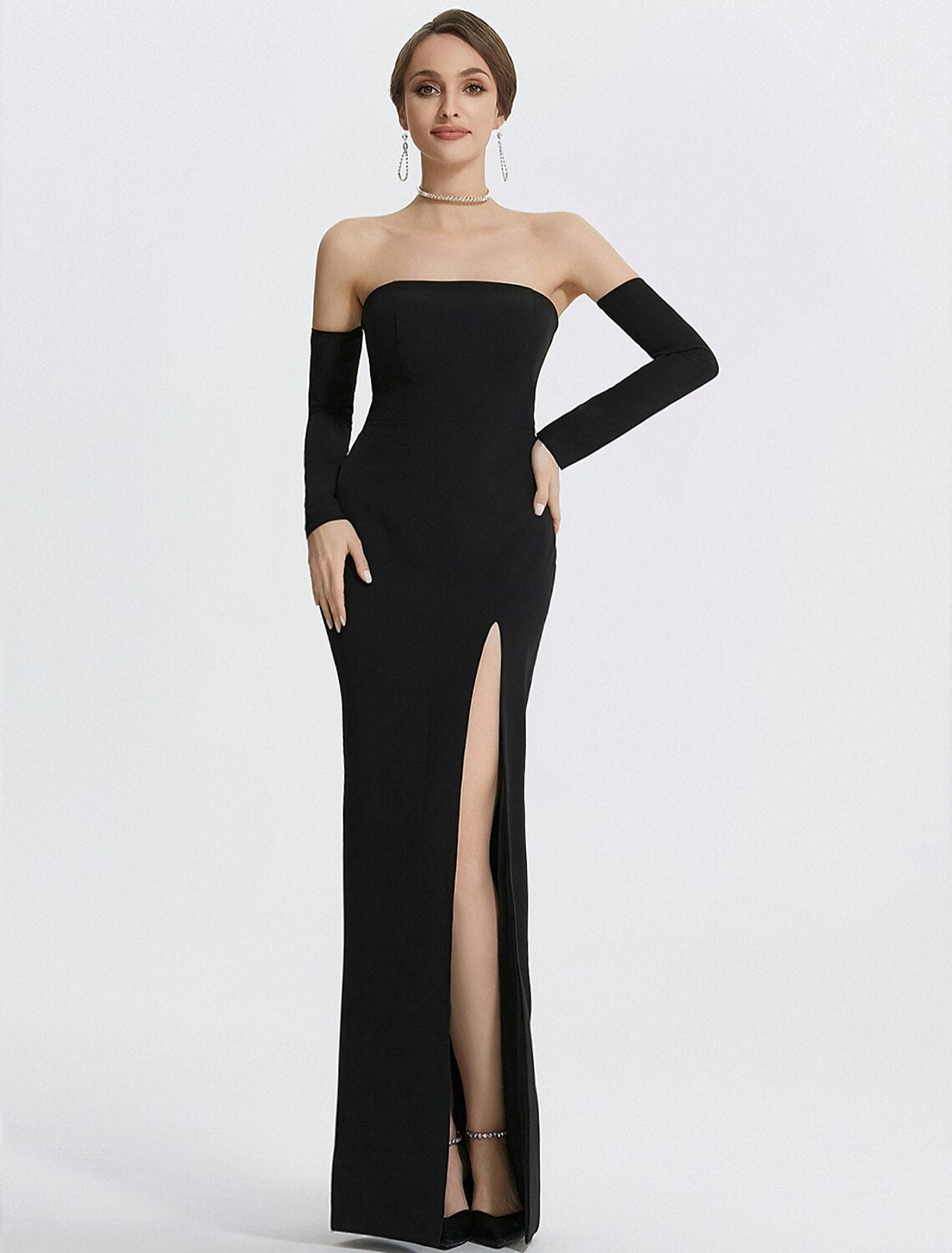 Mermaid Evening Gown Black Dress With Gloves Formal Wedding Guest Floor Length Long Sleeve Strapless  Fabric with Slit