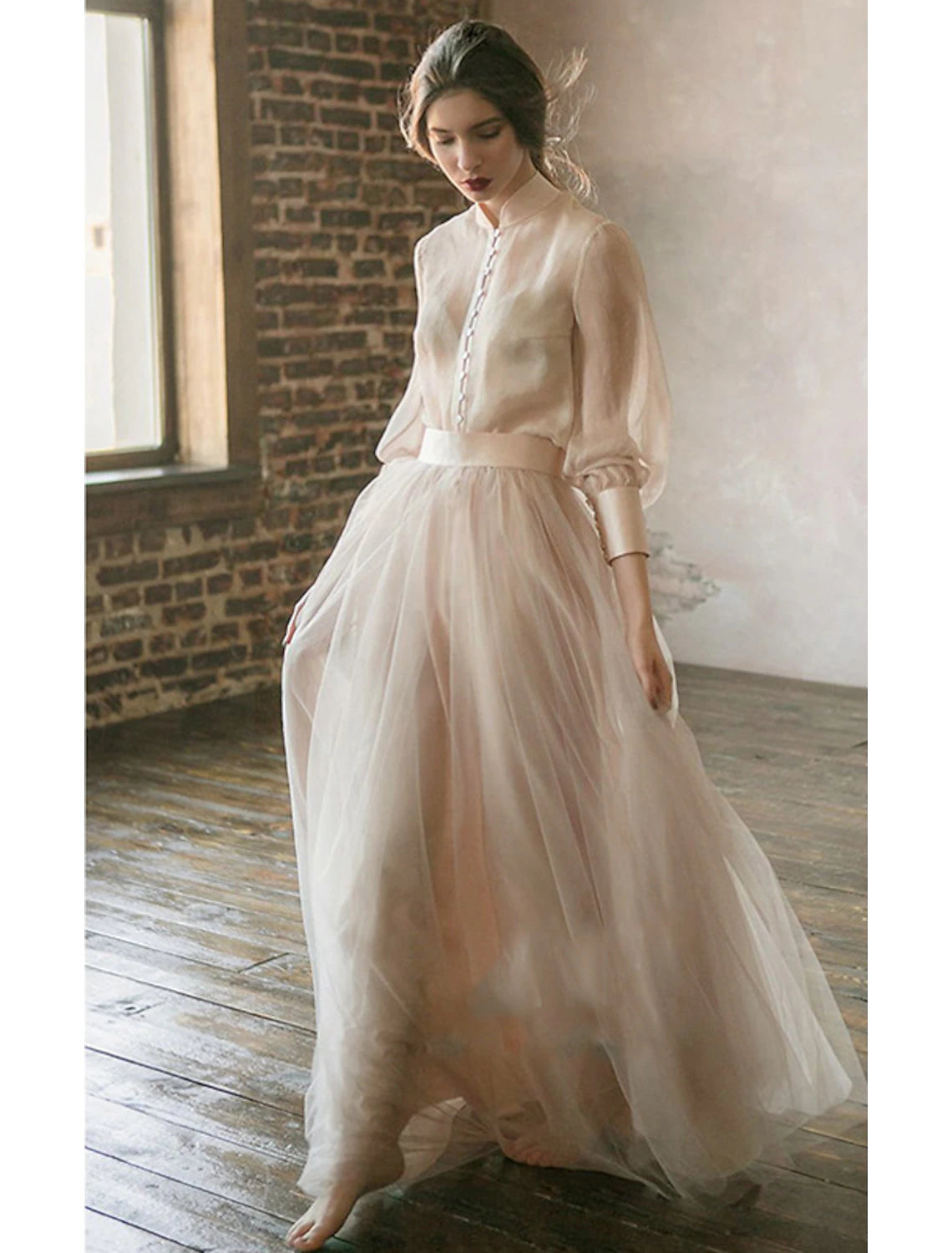 Minimalist Two Piece Wedding Guest Dress Stand Collar Long Sleeve Floor Length Chiffon Party Dress